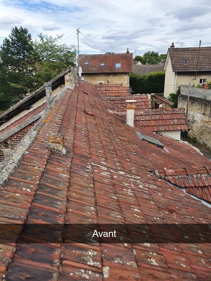 Toiture ancienne avant réfection complète, tuiles moussues et dégradées
